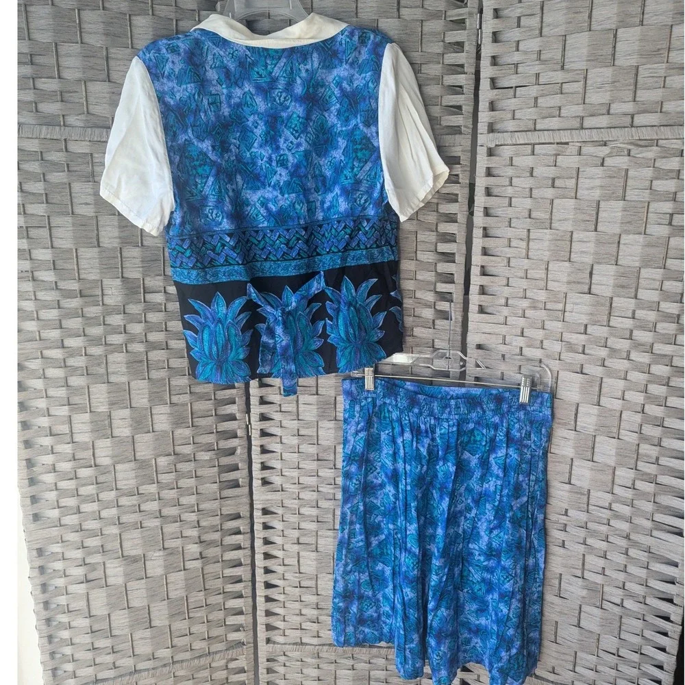 Vtg 90s Shorts & Layered Top Set Blue Tropical Floral Print Sz M Art Teacher